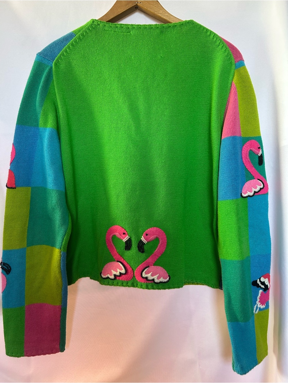 Vintage 1999 Michael Simon Flamingo, Patchwork Cardigan with Beaded Appliqué - Picture 3 of 4